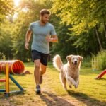 Kutyával futó gazdi és agility pályán ugró kutya