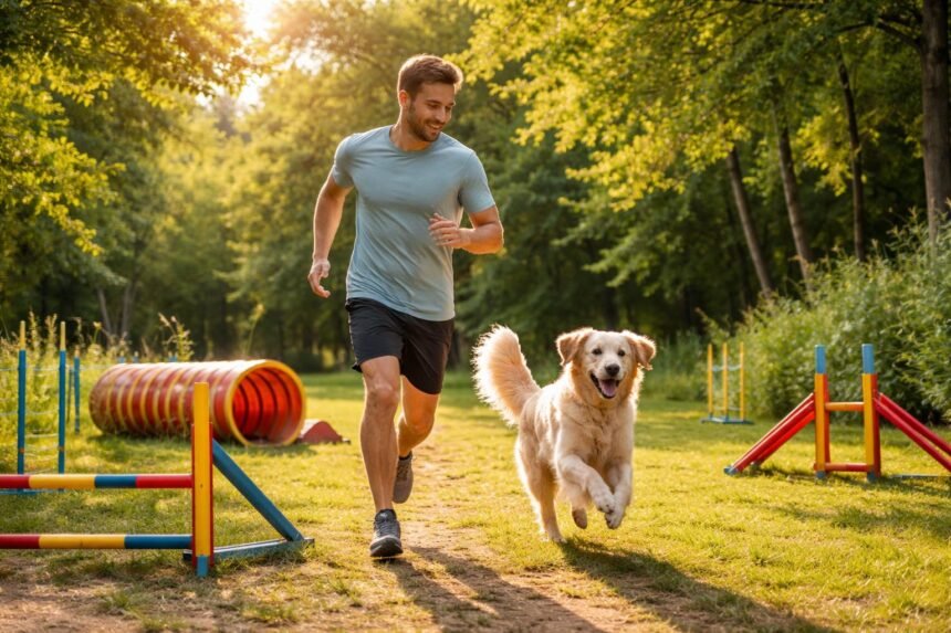 Kutyával futó gazdi és agility pályán ugró kutya