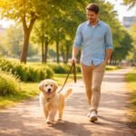 Kiskutya és gazdi laza pórázon sétálnak parkban békésen