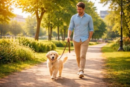 Kiskutya és gazdi laza pórázon sétálnak parkban békésen