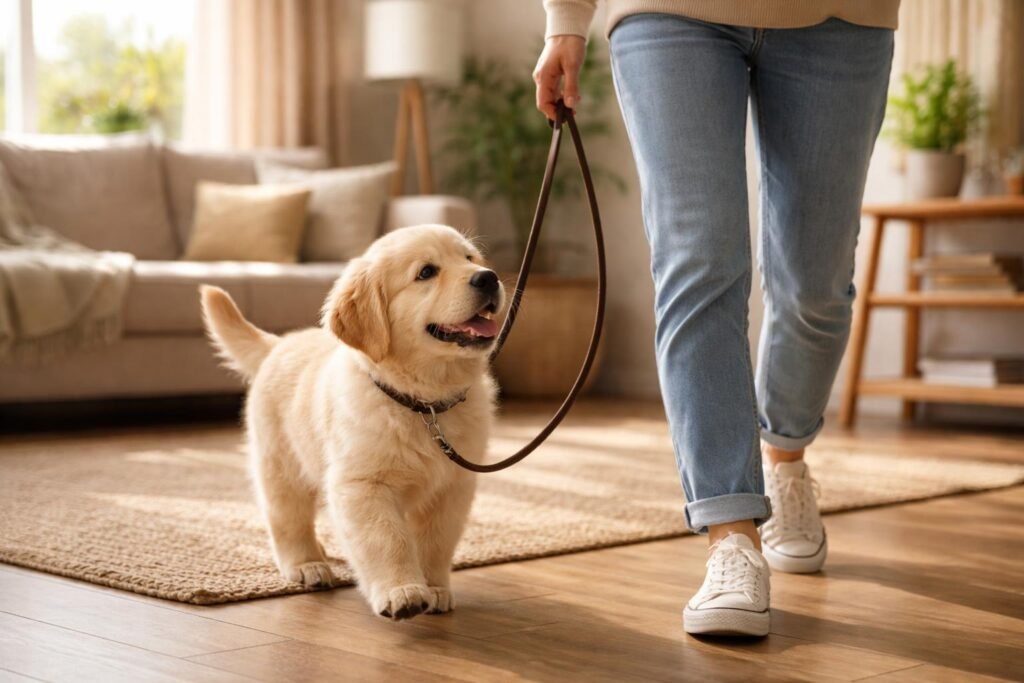 Laza pórázas séta: Tanítsd meg kutyádat kulturáltan közlekedni már kölyökkorban Kutyakölyök laza pórázon gyakorol otthon boldogan