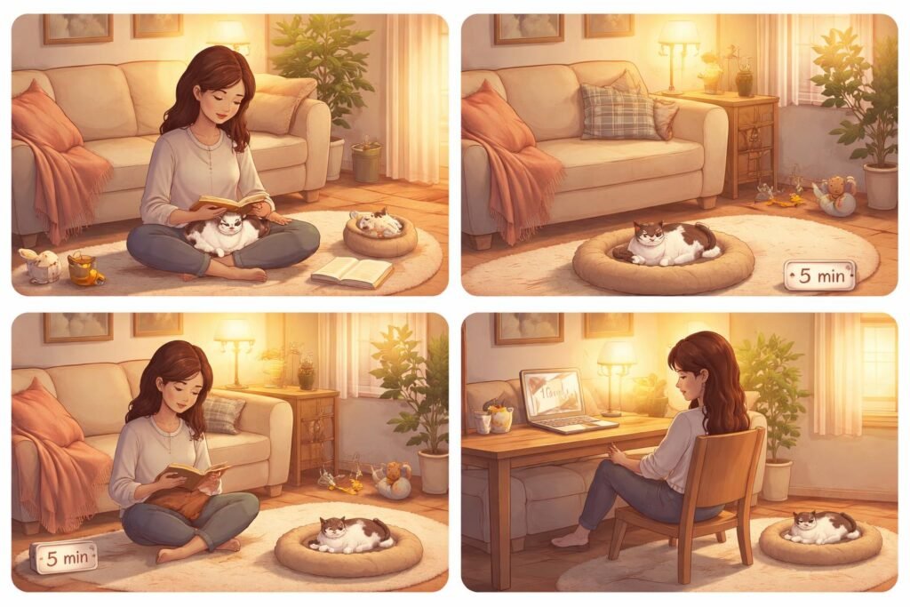 Kiscica egyedül játszik biztonságos környezetben, nyugodt és boldog