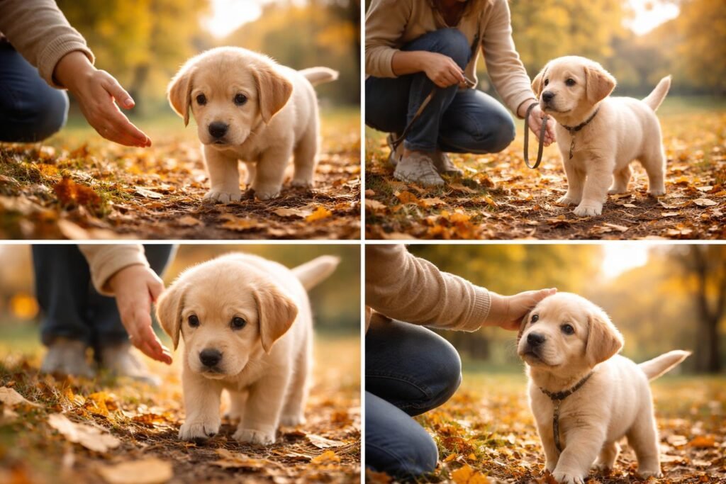 A félős kiskutya magabiztossá tétele: Tippek az önbizalom növeléséhez Félős kiskutya óvatosan közelít új környezetben, mellette gazdi támogatja