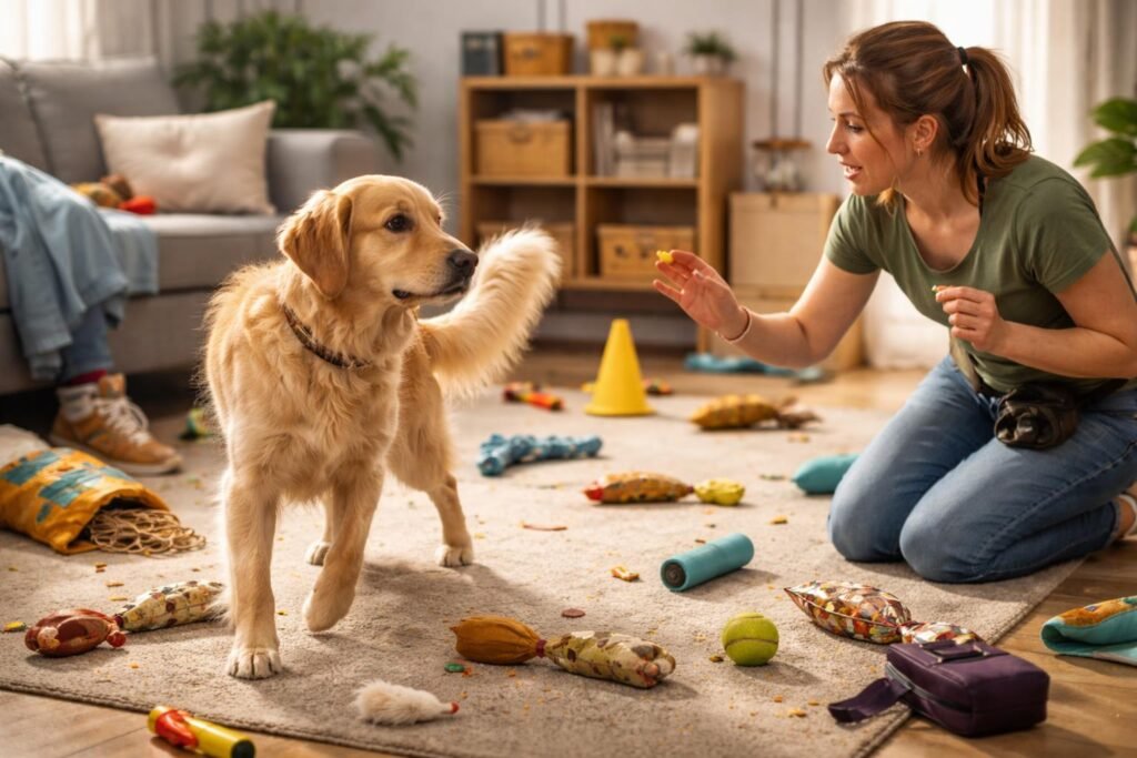 Közeli kép egy figyelmetlen kutyáról gazdája mellett, udvarban