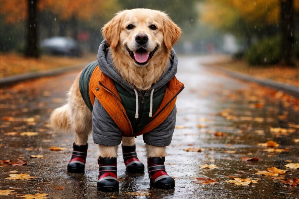 Kutyát rétegesen öltöztetnek és mancsvédőt használnak esős időben