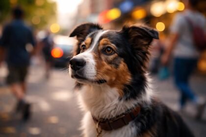 Közeli kép egy figyelmetlen kutyáról a gazdája mellett a parkban