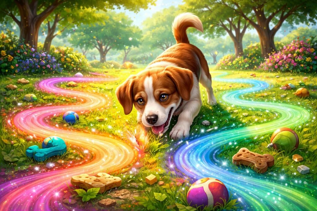 Kutyus szimatol egy parkban játék közben, boldog és aktív