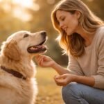 Kutyatulajdonos kommunikál a kutyájával otthon, egyensúly a dicséret és tiltás között