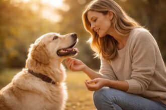 Kutyatulajdonos kommunikál a kutyájával otthon, egyensúly a dicséret és tiltás között
