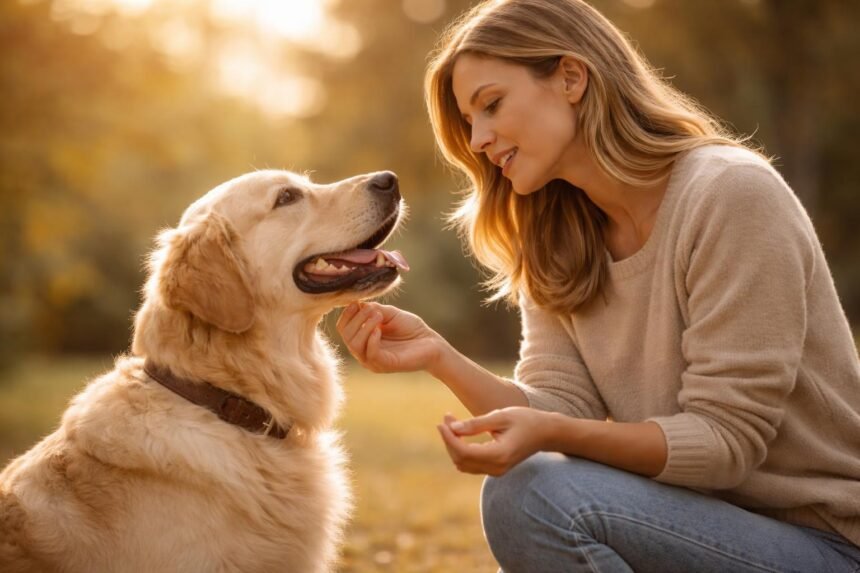 Kutyatulajdonos kommunikál a kutyájával otthon, egyensúly a dicséret és tiltás között