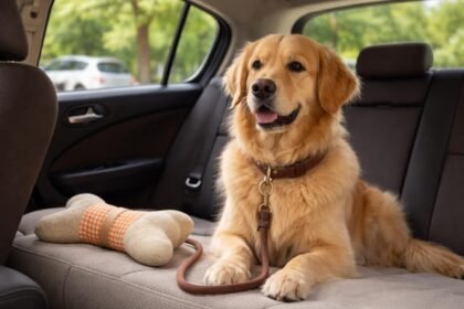 Kutyával autóban nyugodtan várakozó gazdi és kutya