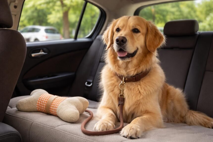 Kutyával autóban nyugodtan várakozó gazdi és kutya