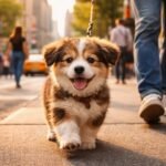 Kiskutya ismerkedik a városi zajokkal és emberekkel egy parkban