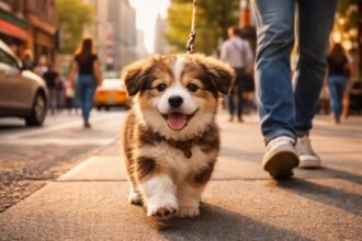 Kiskutya ismerkedik a városi zajokkal és emberekkel egy parkban