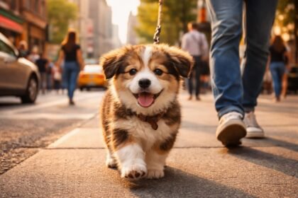 Kiskutya ismerkedik a városi zajokkal és emberekkel egy parkban