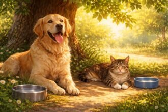 Kutya és macska egy napernyő alatt a nyári hőségben