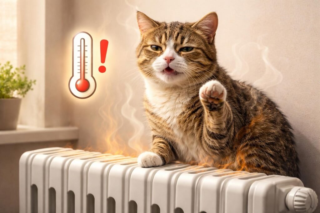 Macska kényelmesen fekszik a meleg radiátoron otthon