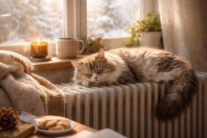 Macska nyugodtan alszik meleg radiátoron hideg téli napon