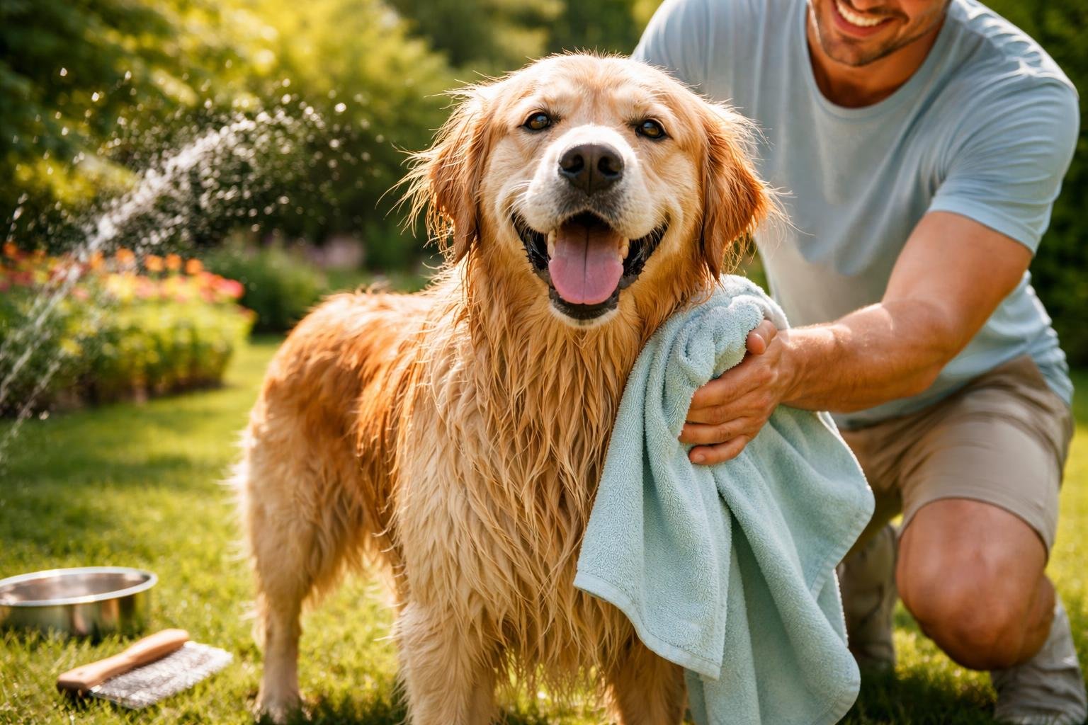 Kutyatulajdonos egy nedves kutyát szárít törülközővel esős napon