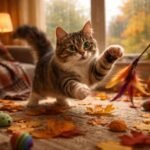 Benti macska játszik autumnális hangulatban, játékokkal szórakozik