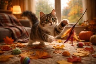 Benti macska játszik autumnális hangulatban, játékokkal szórakozik