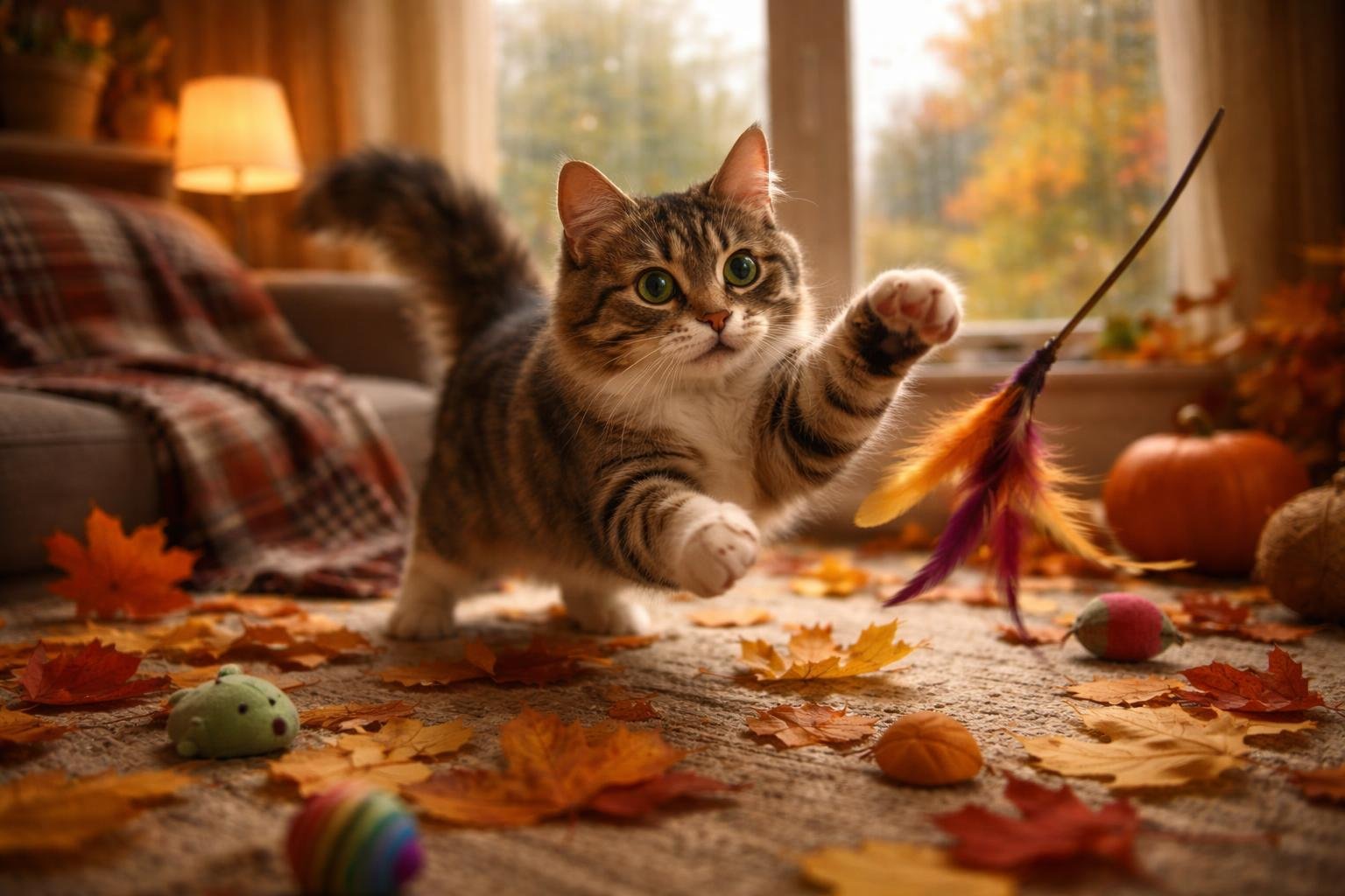 Benti macska játszik autumnális hangulatban, játékokkal szórakozik