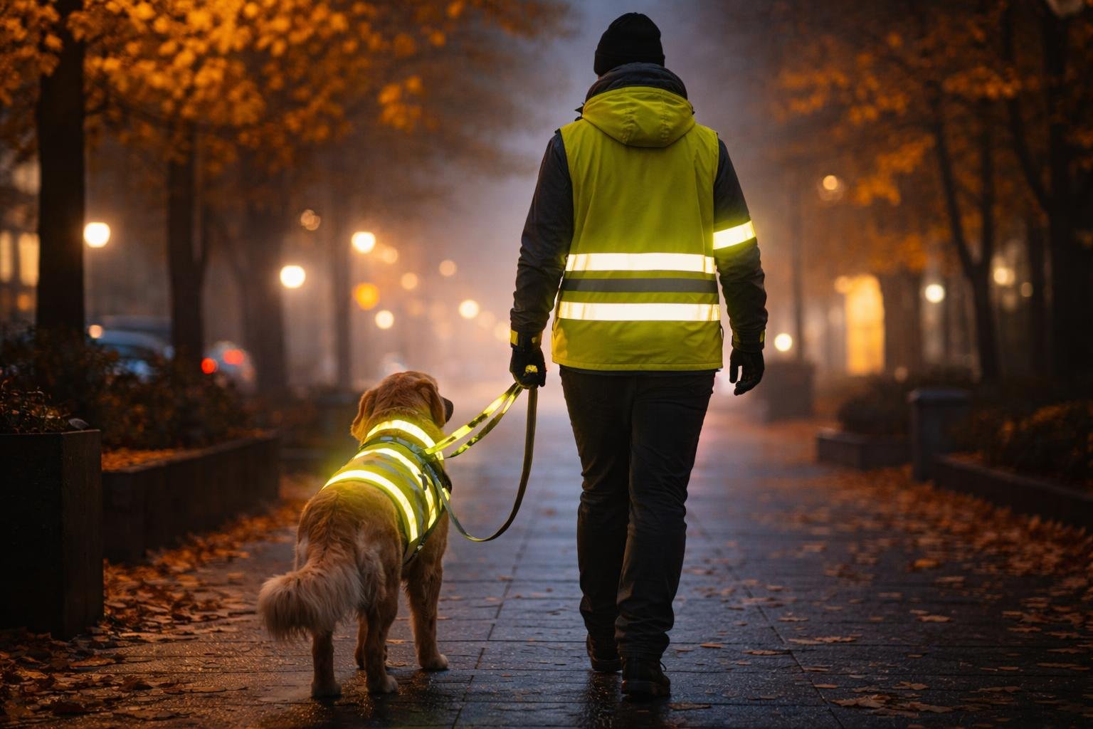 Kutya és gazdája láthatósági mellényben sétálnak sötét őszi estén